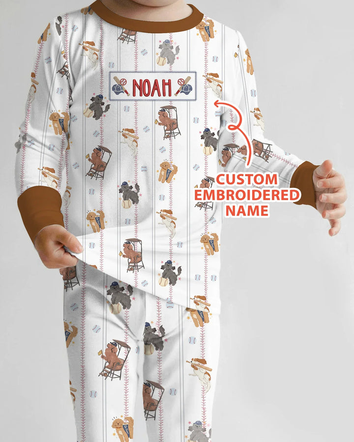 Custom Embroidered Name Baseball Bamboo Two Piece Long Sleeve Pajama Set