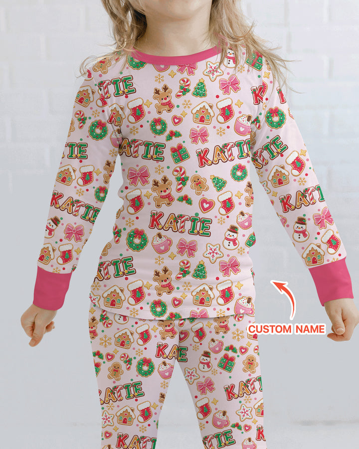 Pink GingerBread Custom Name Bamboo Two Piece Long Sleeve Pajama Set
