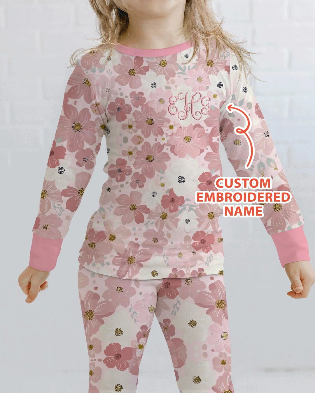 Custom Embroidered Name Floral Bamboo Two Piece Long Sleeve Pajama Set