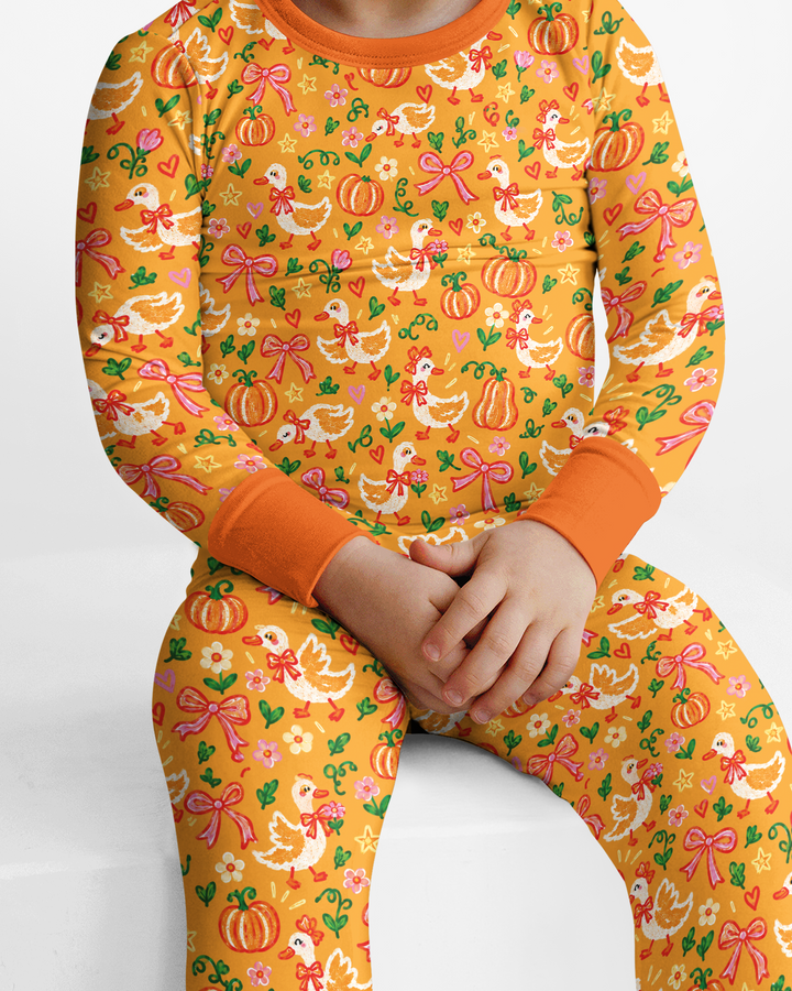 Cute Duck Pumpkin Fall Bamboo Two Piece Long Sleeve Pajama Set