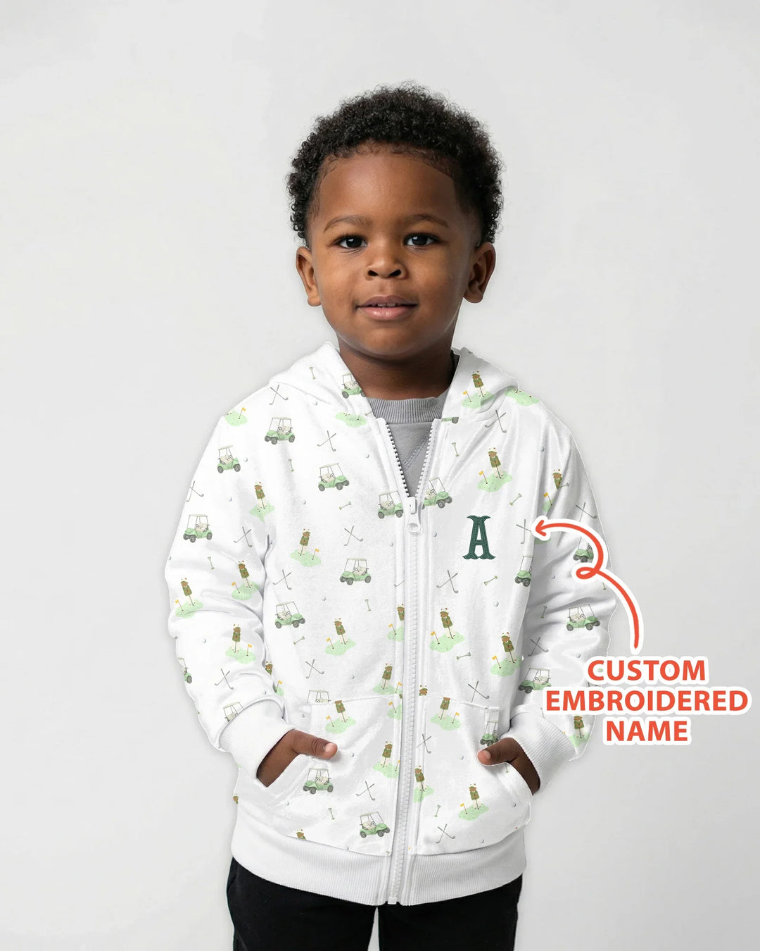 Custom Embroidered Name Monogram Letter Golf Bamboo Zip Hoodie