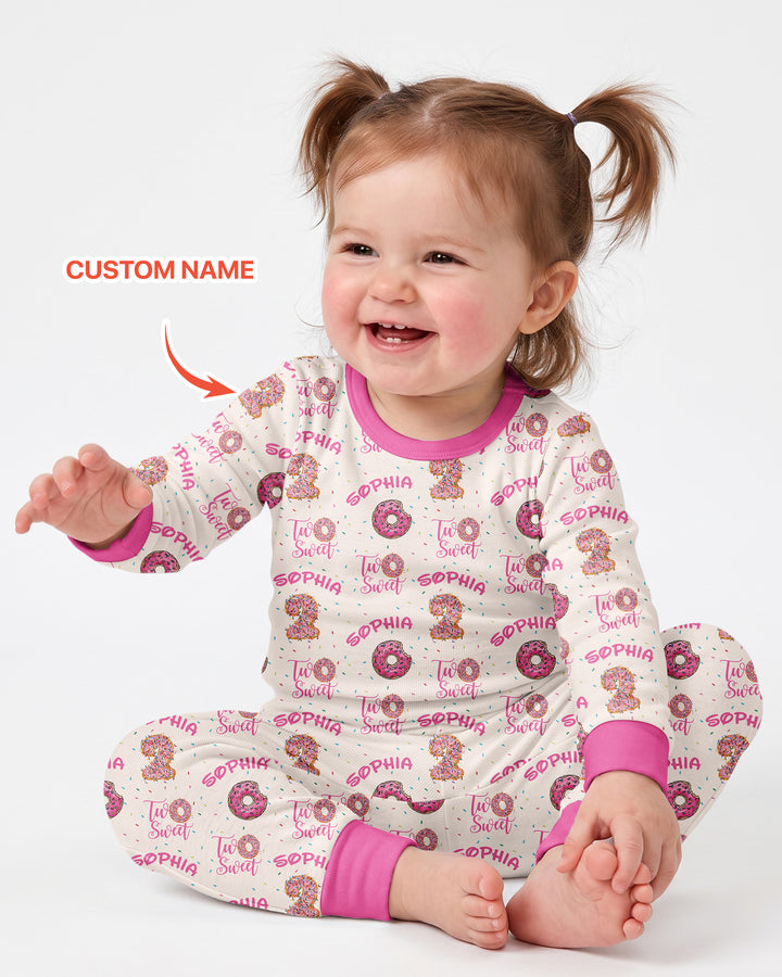 Custom Name Two Sweet Donut Bamboo Two Piece Long Sleeve Pajama Set