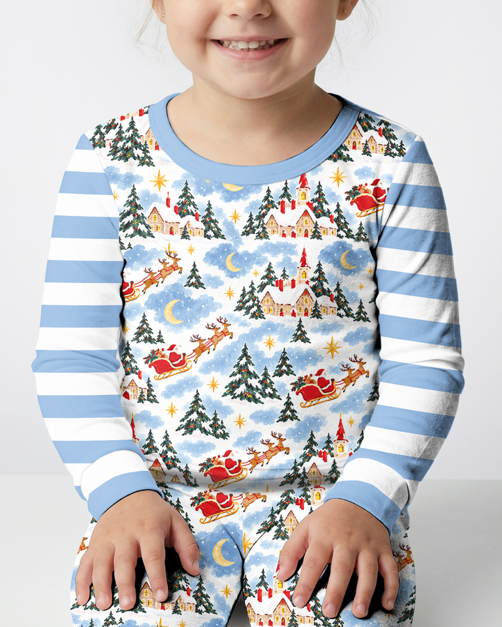 Whimsical Santa's Winter Village Bamboo Two Piece Long Sleeve Pajama Set