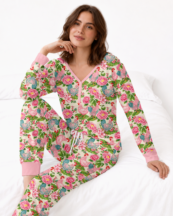 Chicken and Peony Mommy And Me Matching Bamboo Women Pajama Set
