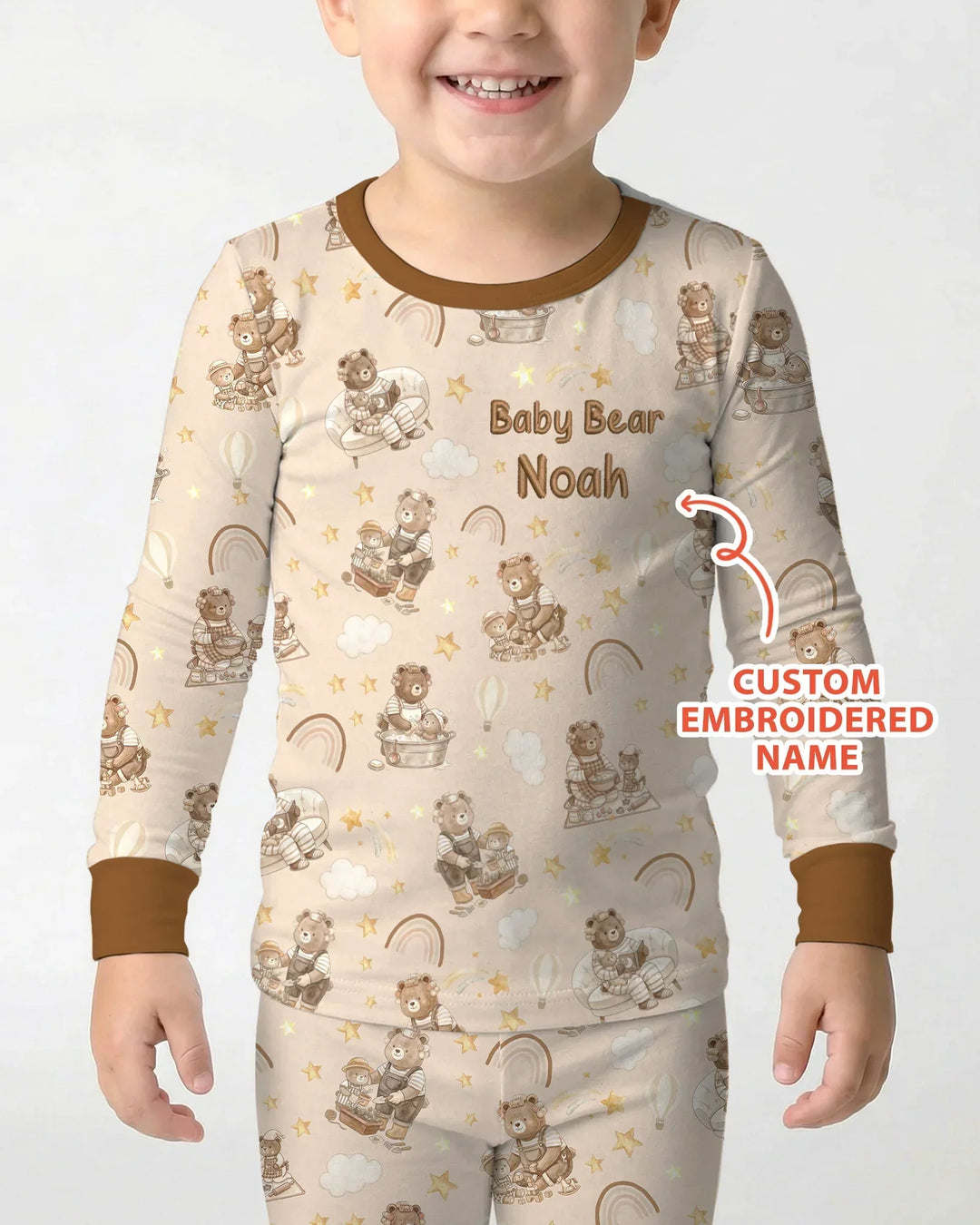 Custom Embroidered Name Mama Bear and Baby Bear Bamboo Two Piece Long Sleeve Pajama Set