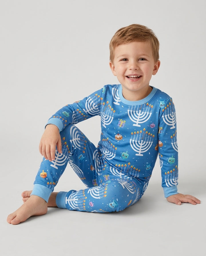 Custom Name Hannukkah Menorah Family Matching Bamboo Two Piece Long Sleeve Pajama Set