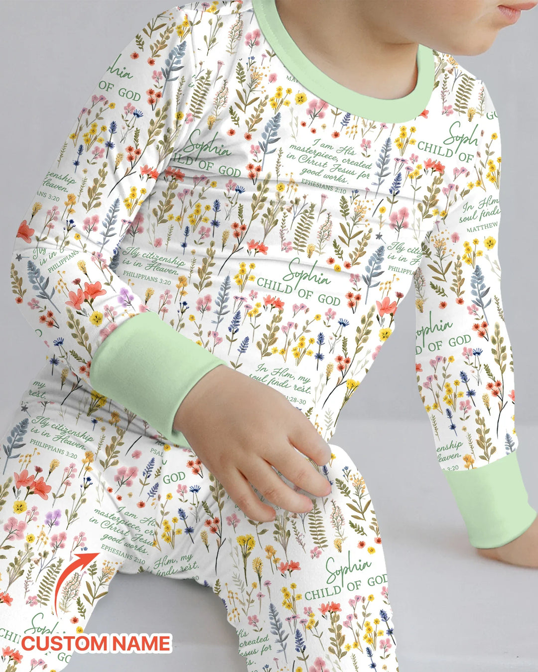 Custom Name Child of God Flower Garden Bamboo Two Piece Long Sleeve Pajama Set