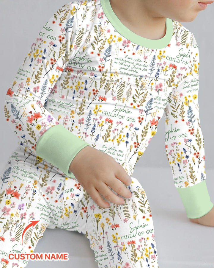 Custom Name Child of God Flower Garden Bamboo Two Piece Long Sleeve Pajama Set