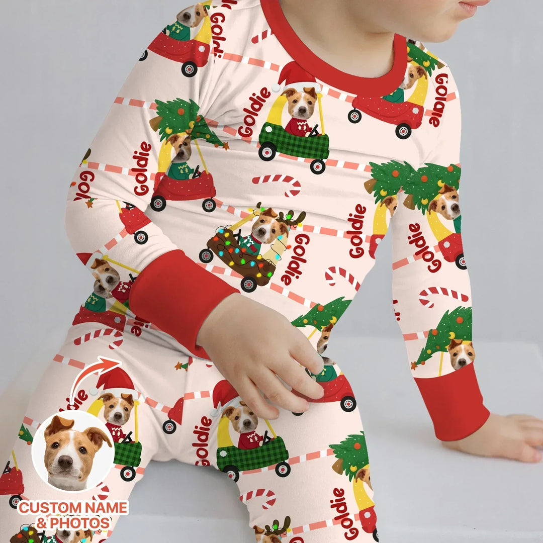 Custom Pet Photo Christmas Tikes Car Bamboo Two Piece Long Sleeve Pajama Set