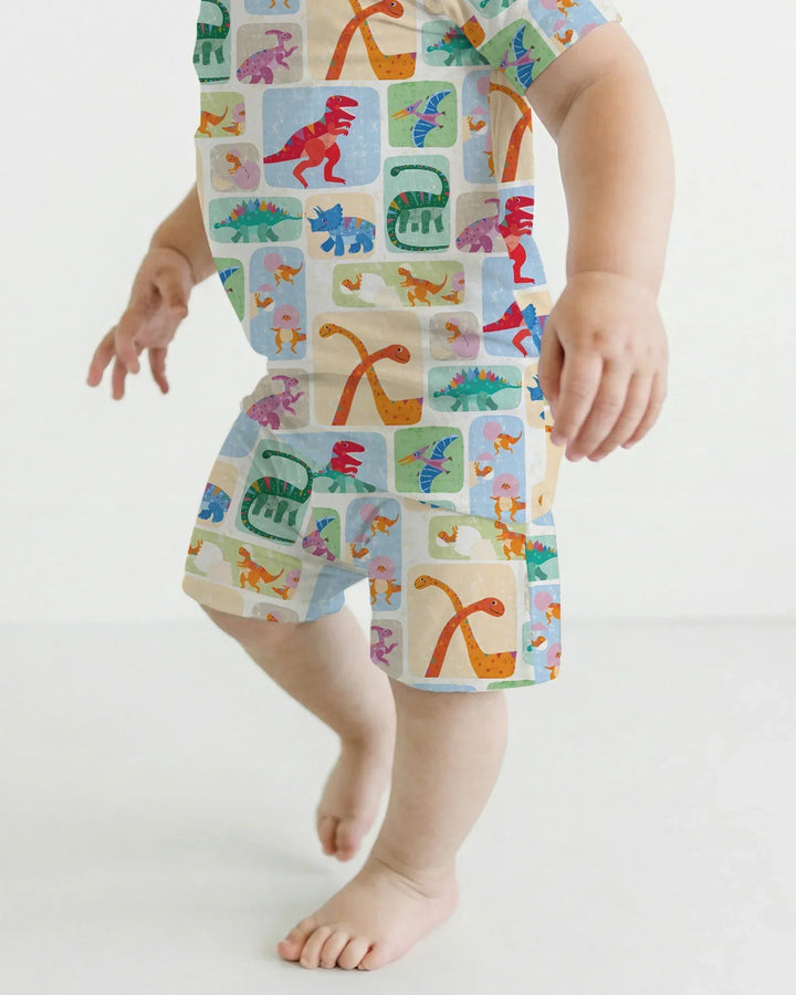 Rainbow Dino Friends Family Matching Bamboo Two Piece Short Sleeve Shorts Pajama Set