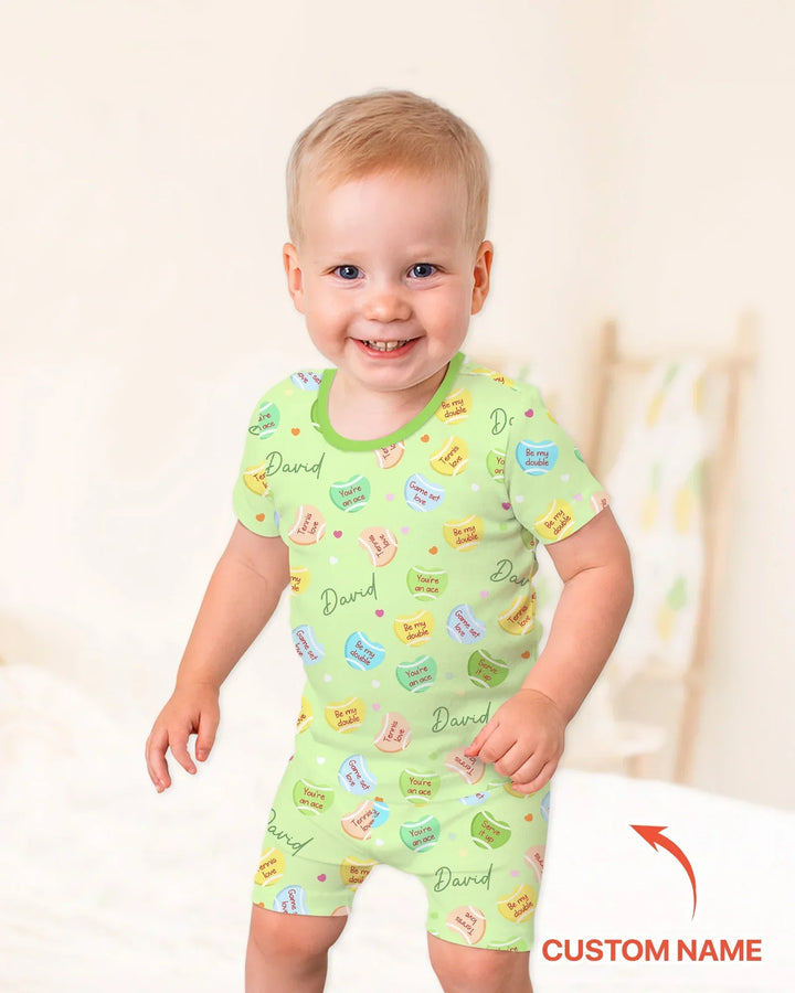 Custom Name Tennis Candy Hearts Bamboo Two Piece Short Sleeve Shorts Pajama Set