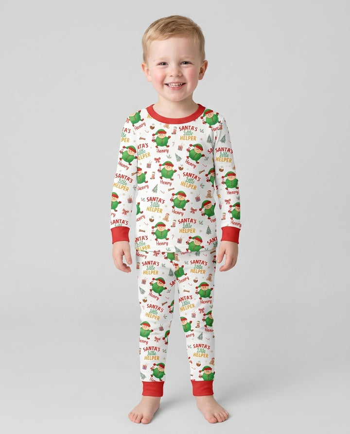 Custom Name Santa's Little Helper Bamboo Two Piece Long Sleeve Pajama Set