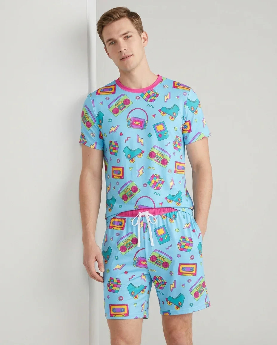 80s Retro Neon Bamboo Men Short Sleeve Short Pajama Set