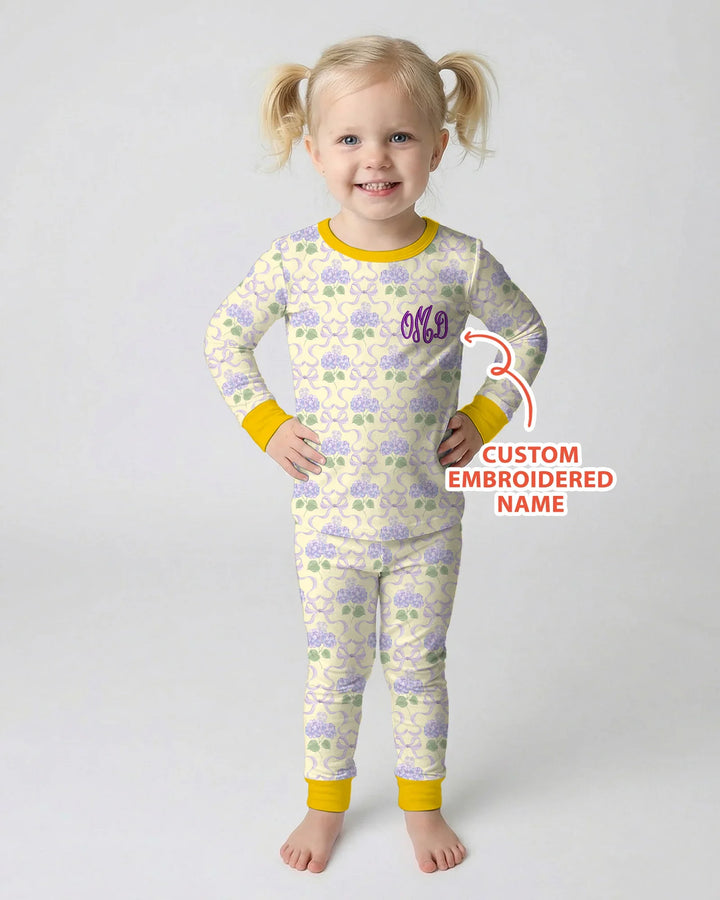 Custom Name Embroidered Hydrangea Welcome Home Bamboo Two Piece Long Sleeve Pajama Set
