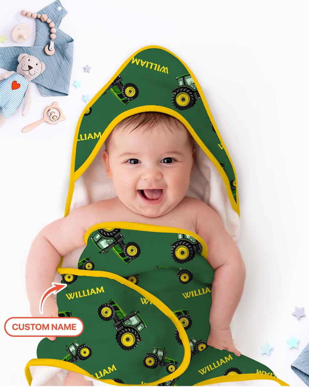 Custom Name Green Tractors Matching Daddy & Me Hooded Bamboo Towel Set