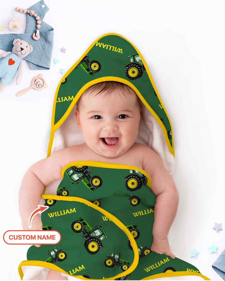 Custom Name Green Tractors Matching Daddy & Me Hooded Bamboo Towel Set