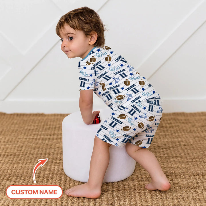 Custom Name Football Time Bamboo Two Piece Short Sleeve Shorts Pajama Set