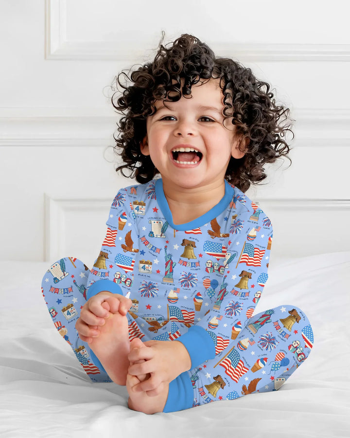 Hand Drawn Patriotic Iconic Bamboo Two Piece Long Sleeve Pajama Set