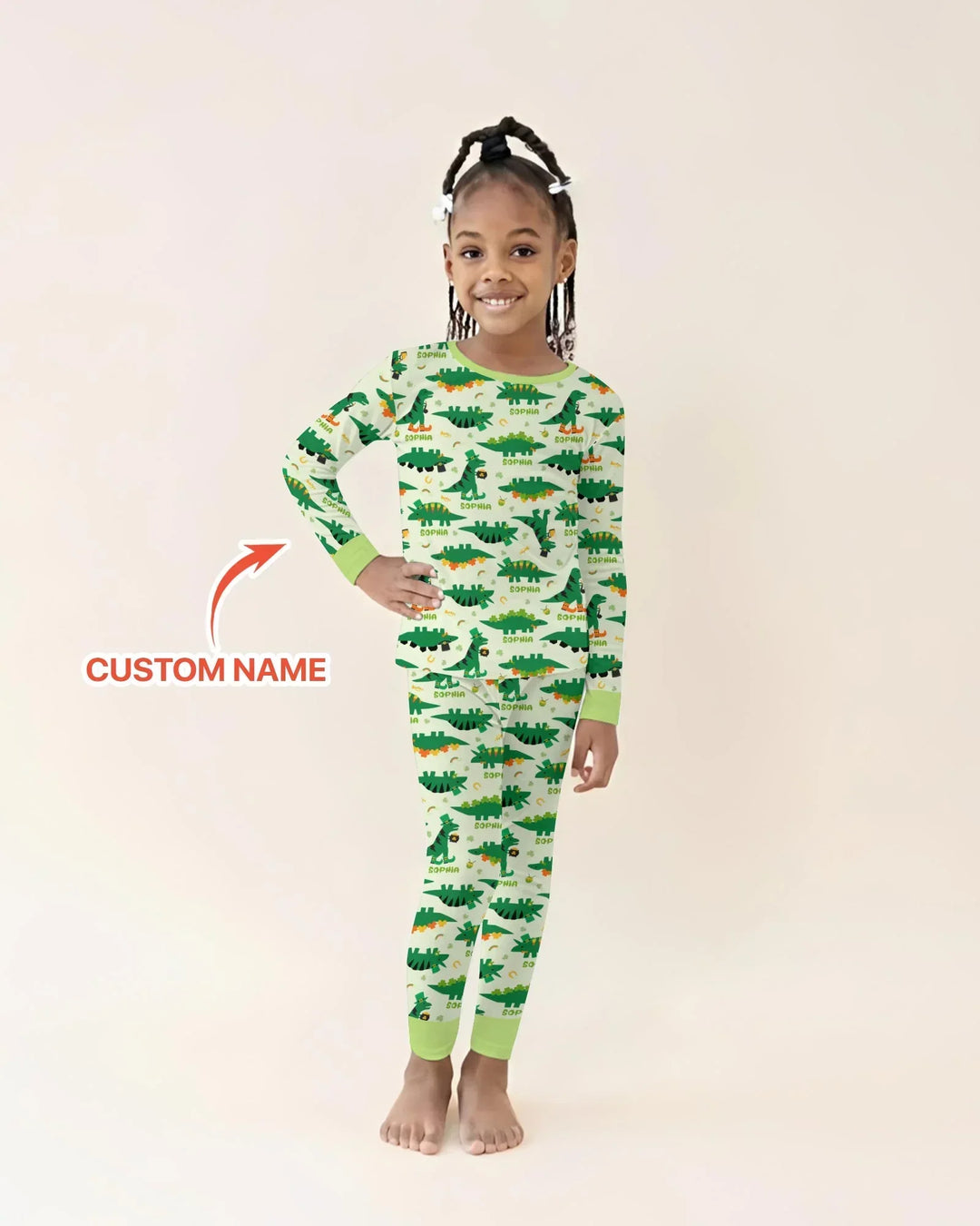 Custom Name St. Patrick's Day Dinosaurs Bamboo Two Piece Long Sleeve Pajama Set
