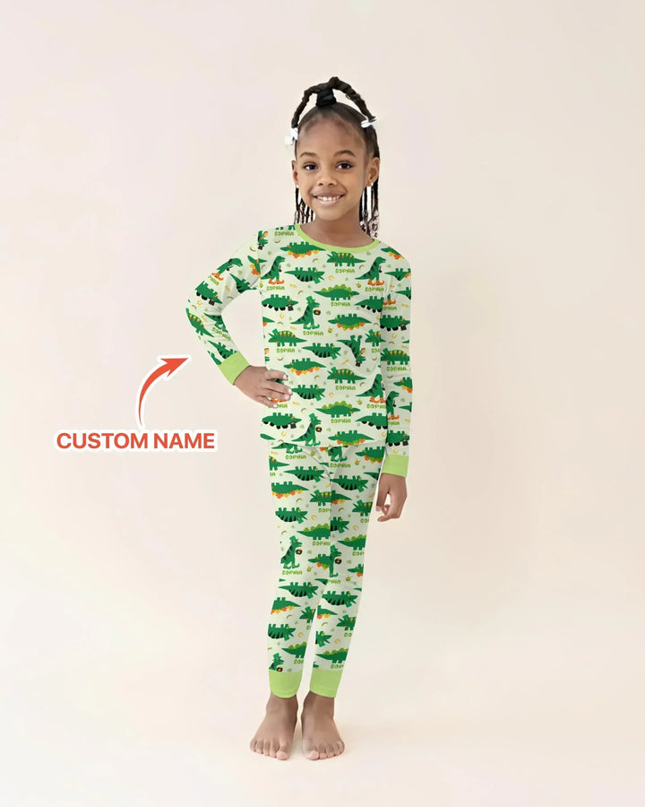 Custom Name St. Patrick's Day Dinosaurs Bamboo Two Piece Long Sleeve Pajama Set