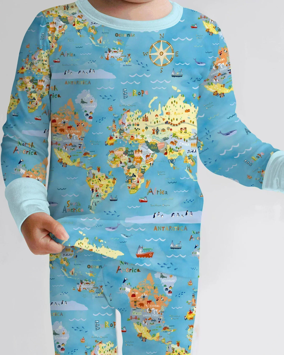 Whimsical World Map Family Matching Bamboo Two Piece Long Sleeve Pajama Set