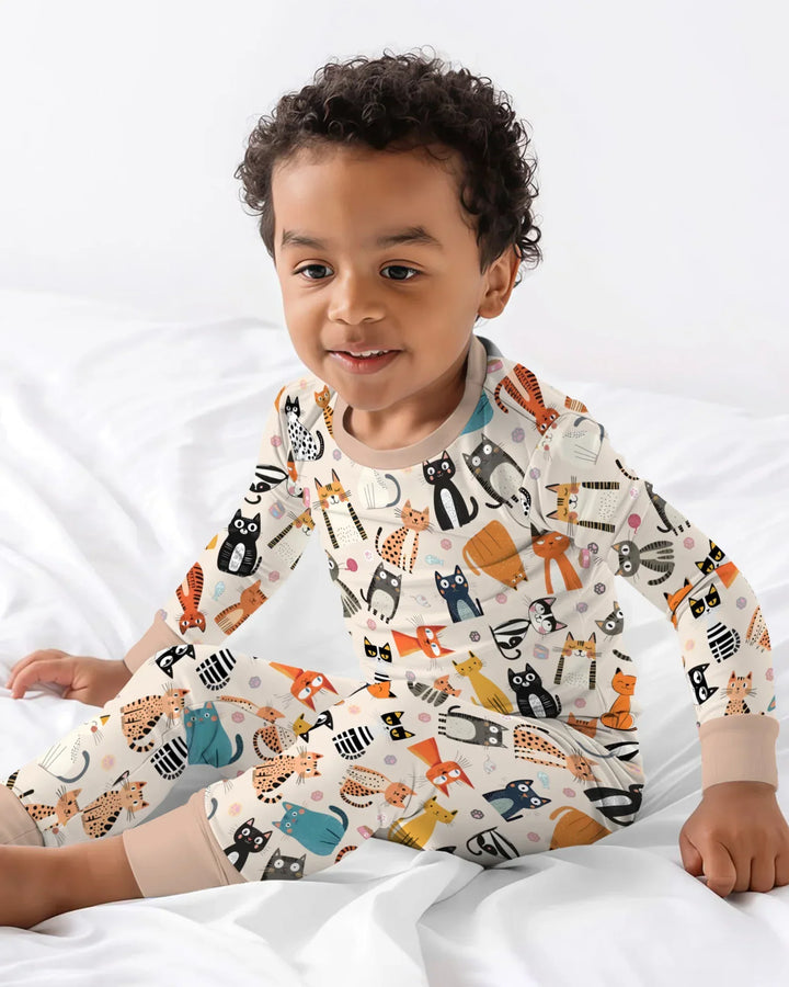 Goofy Mischief Cat Family Matching Bamboo Two Piece Long Sleeve Pajama Set
