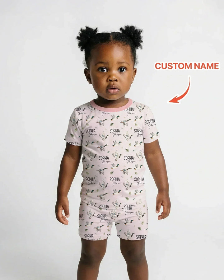 Custom Name Mallard Duck Bamboo Two Piece Short Sleeve Shorts Pajama Set