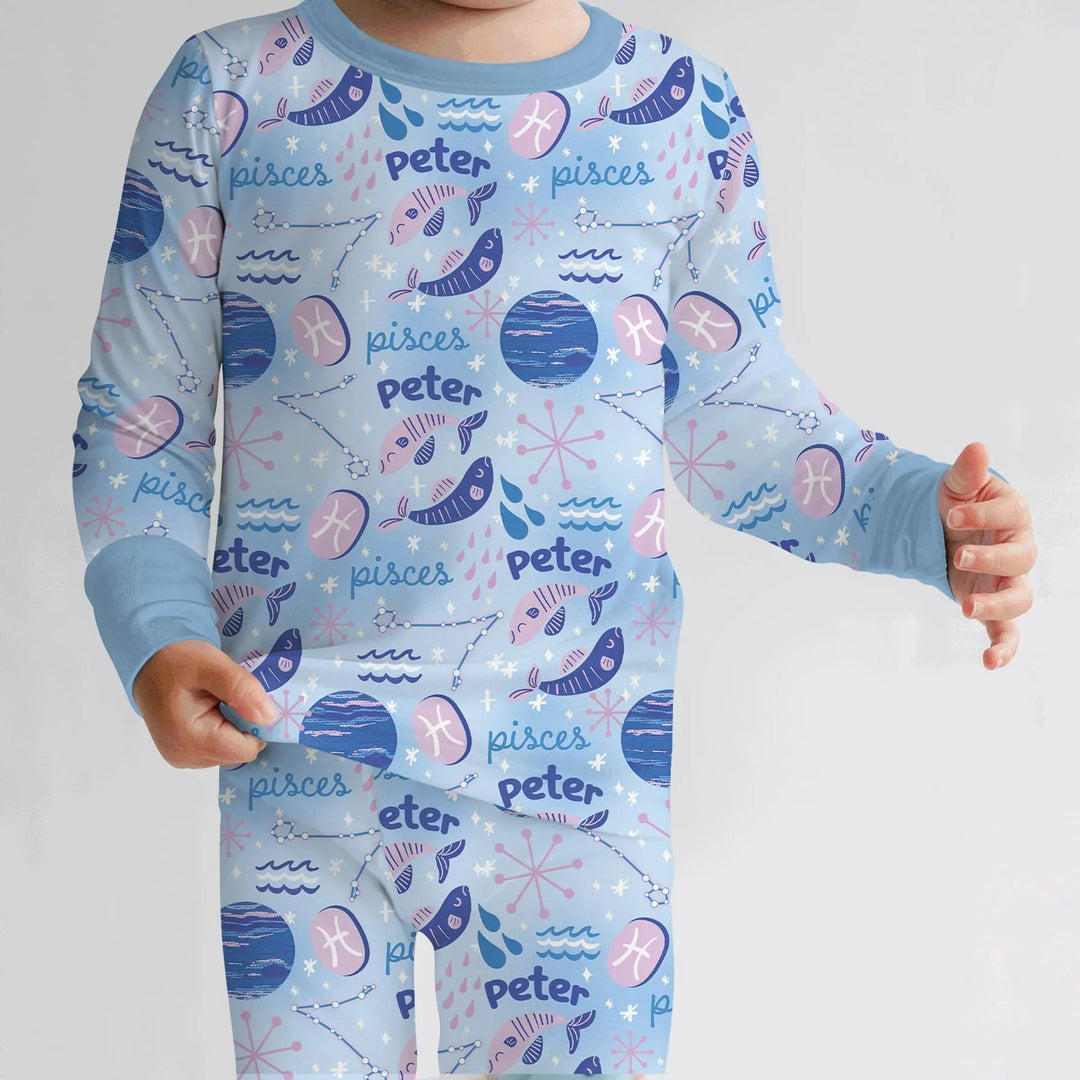 Custom Name Zodiac Pisces Bamboo Two Piece Long Sleeve Pajama Set