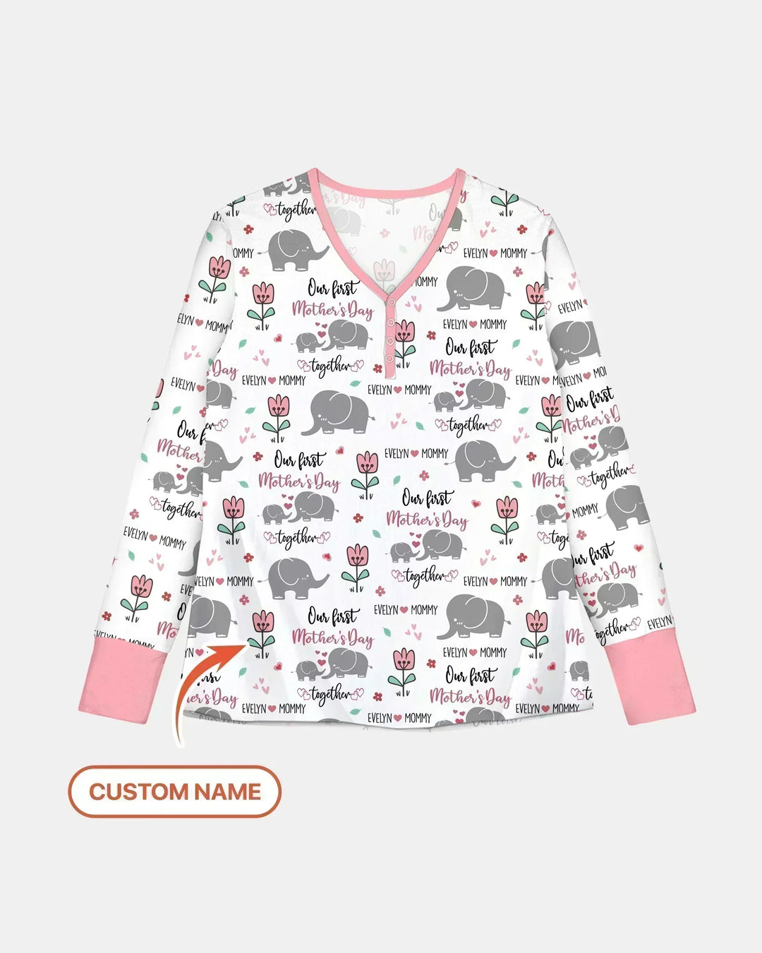 Custom Name Elephant Our First Mother's Day Bamboo Women Pajama Set
