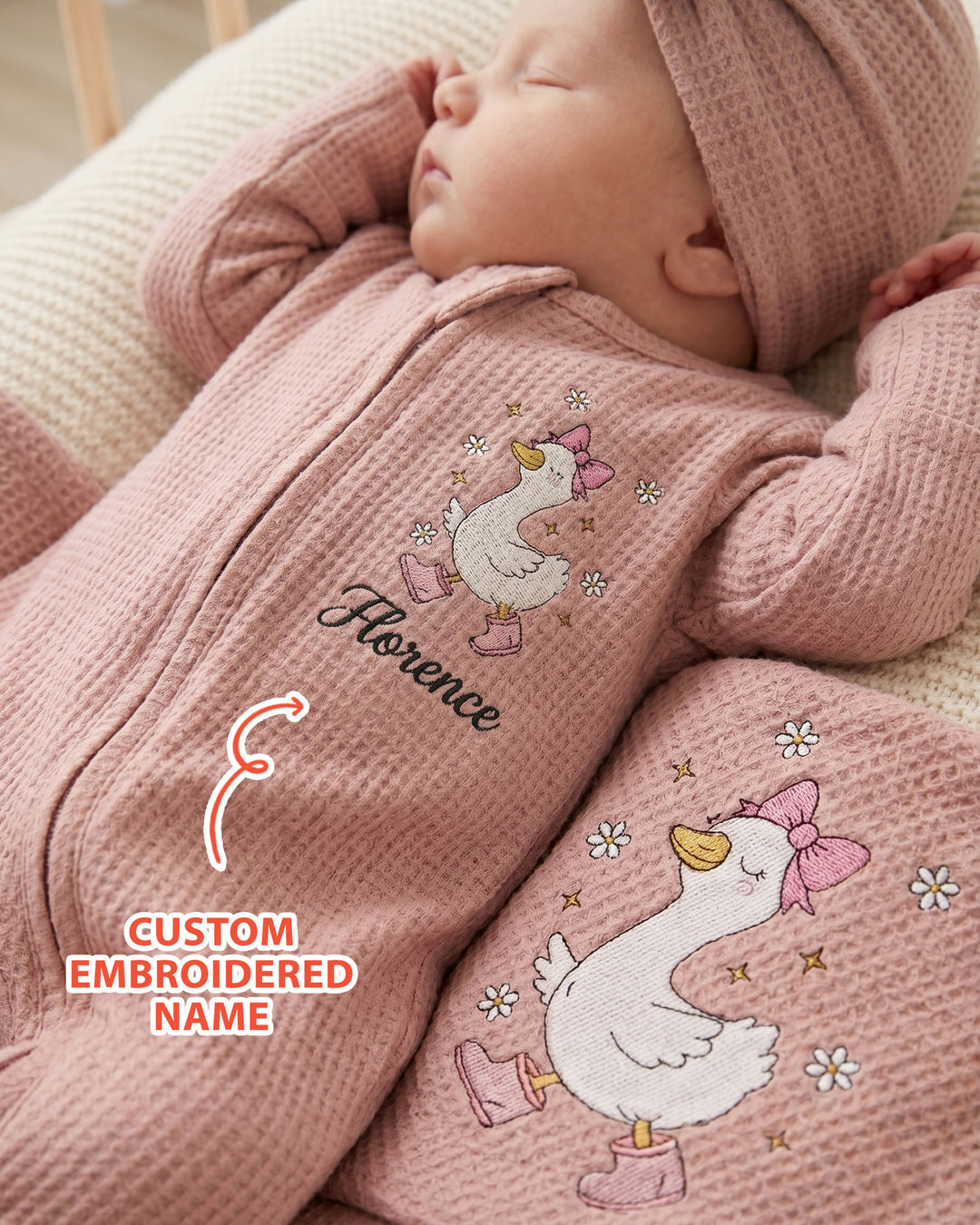 Personalized Dilly Dally Embroidered Waffle Bamboo Zipper Footie