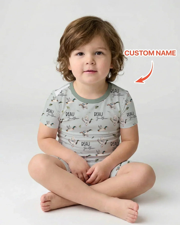 Custom Name Mallard Duck Bamboo Two Piece Short Sleeve Shorts Pajama Set