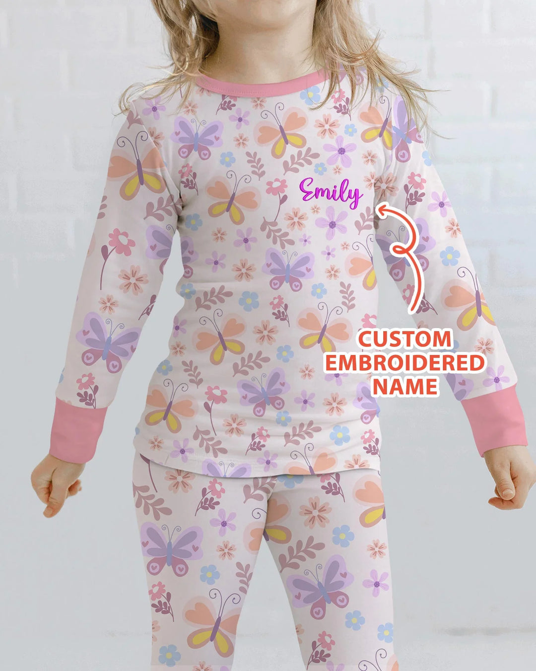 Custom Embroidered Name Butterfly Bamboo Two Piece Long Sleeve Pajama Set