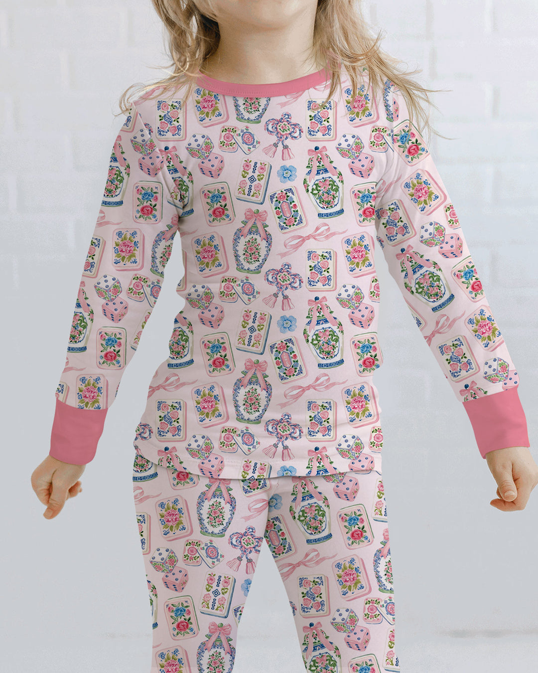 Chinoiserie Mahjong Mommy & Me Matching Bamboo Two Piece Long Sleeve Pajama Set