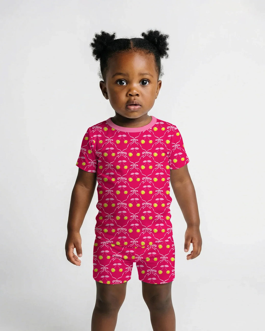 Cherry Baseball Softball Mom and Girl Matching Bamboo Two Piece Short Sleeve Shorts Pajama Set