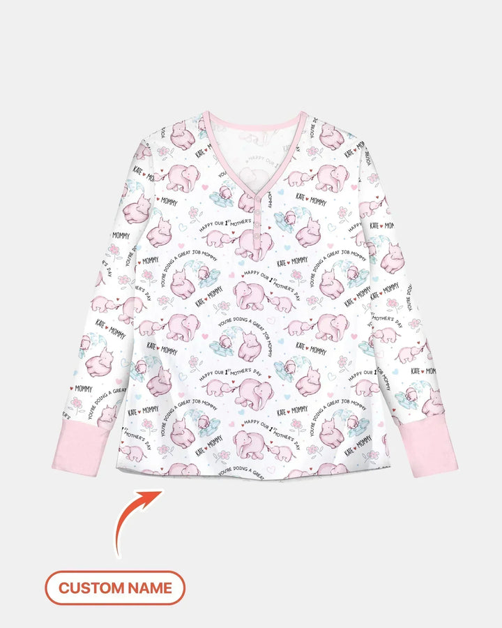 Custom Name Mother & Baby Elephant Bamboo Women Pajama Set