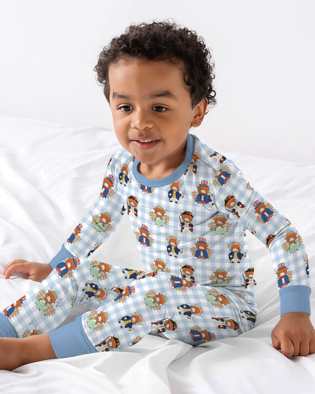 Patriotic 4th of July Highland Cow Bamboo Two Piece Long Sleeve Pajama Set