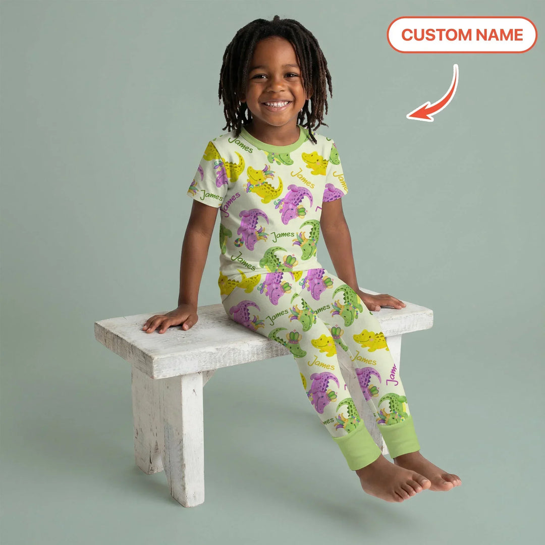 Custom Name Mardi Gras Alligator Bamboo Two Piece Short Sleeve Pajama Set