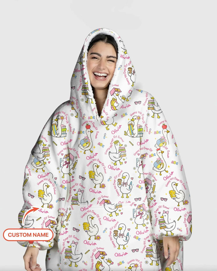 Custom Name Goose Happy 100 Days Of School Bamboo Blanket Hoodie