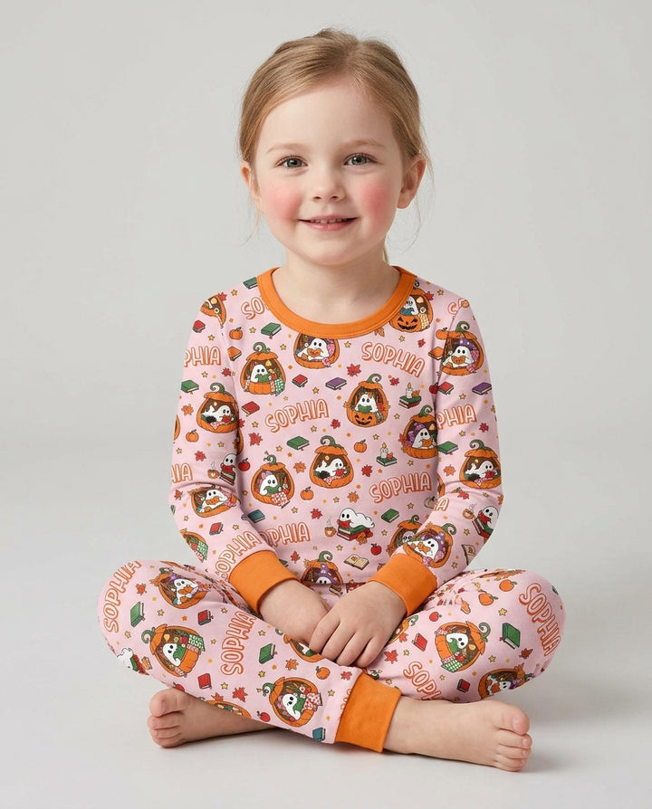 Bookish Ghost Halloween Custom Name Bamboo Two Piece Long Sleeve Pajama Set