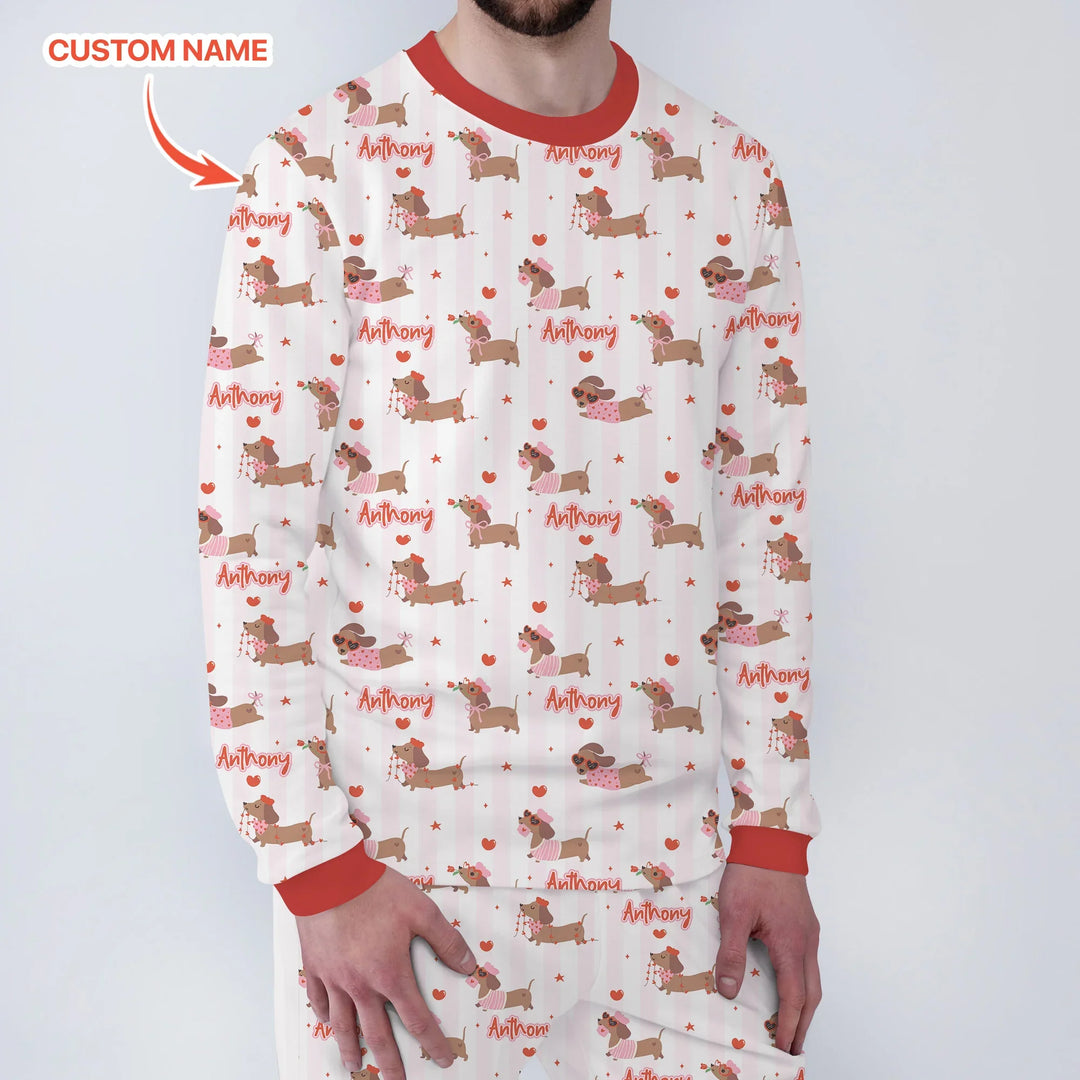 Custom Name Valentine Dachshund Family Matching Bamboo Men's Pajama Set