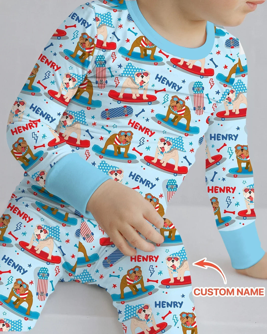 Personalized Patriotic Skate Pups Family Matching Bamboo Two Piece Long Sleeve Pajama Set