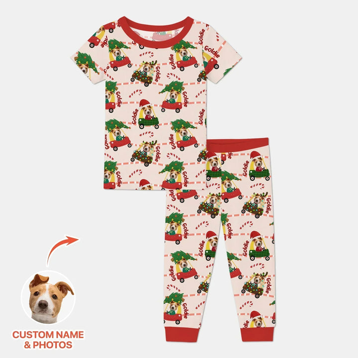 Custom Pet Photo Christmas Tikes Car Bamboo Two Piece Short Sleeve Pajama Set