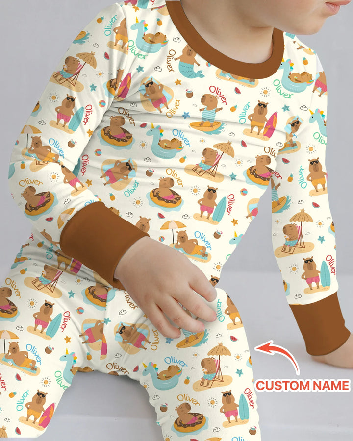 Don't Worry, Be Capy Custom Name Bamboo Two Piece Long Sleeve Pajama Set