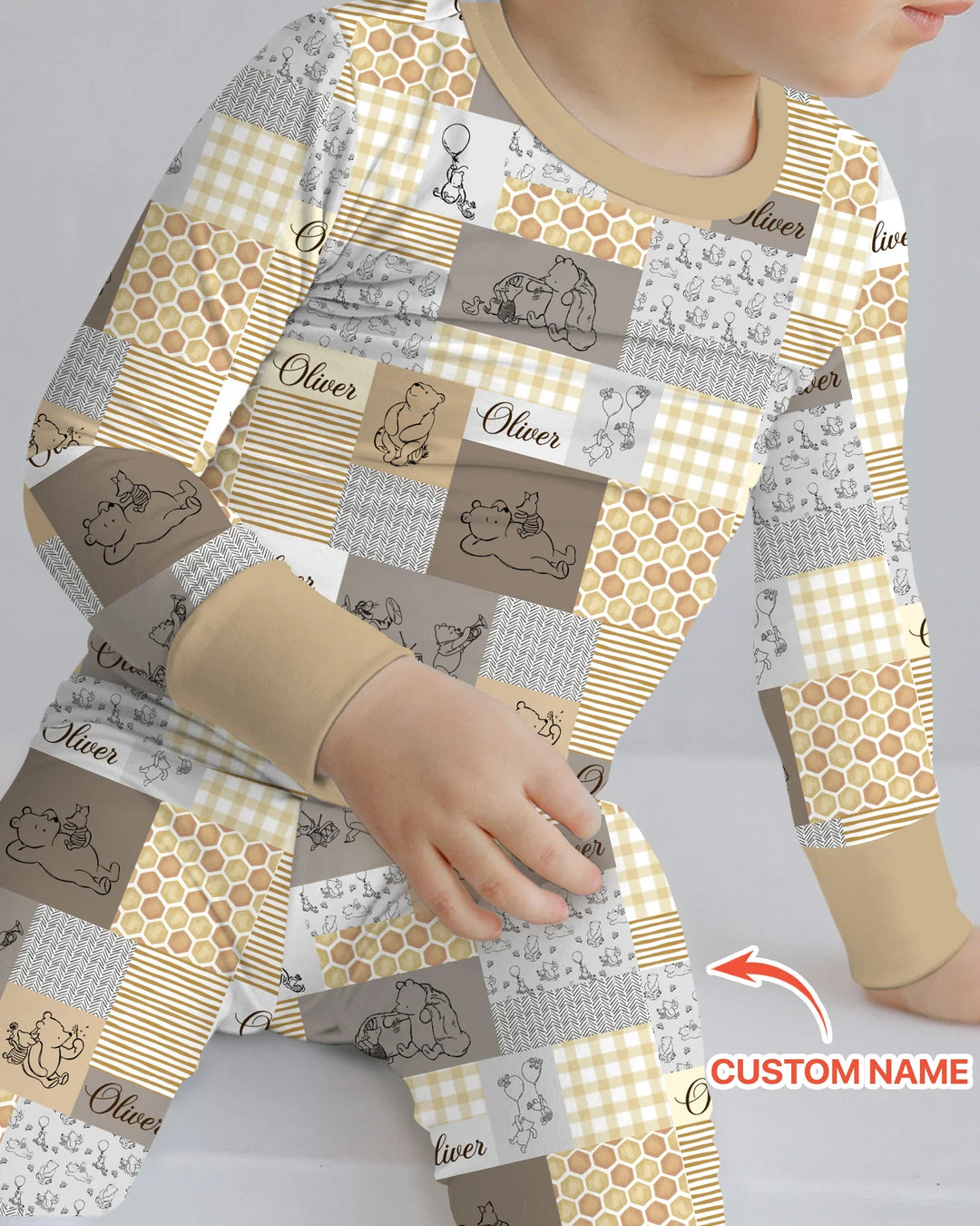 Personalized Classic Bear Patchwork  Bamboo Two Piece Long Sleeve Pajama Set