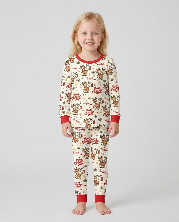 Custom Name Reindeer Santa Boop Bamboo Two Piece Long Sleeve Pajama Set
