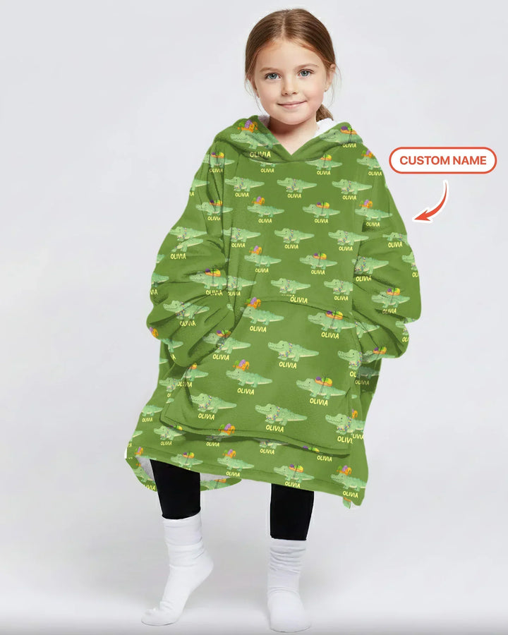 Custom Name Mardi Gras Gator Bamboo Blanket Hoodie