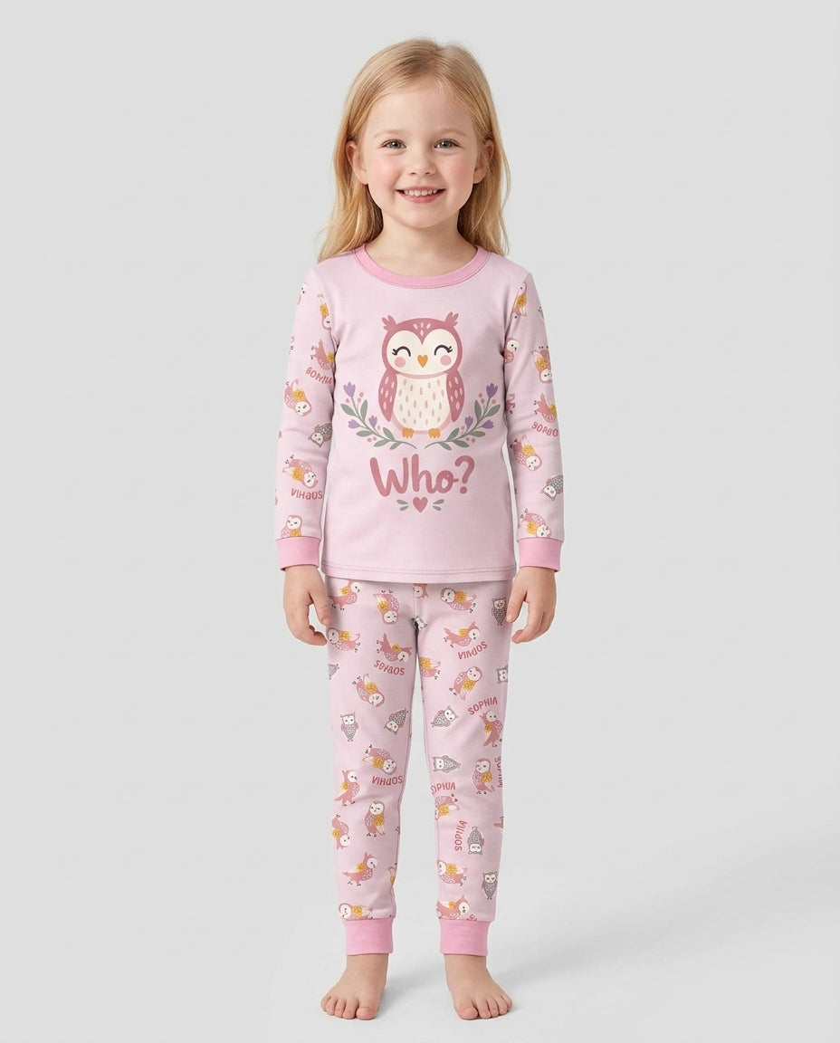 Custom Name Twin Owl Who's Who Bamboo Two Piece Long Sleeve Pajama Set