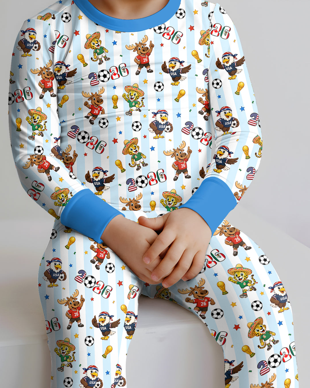 Striped Cute Mascots Soccer Cup 2026 Bamboo Two Piece Long Sleeve Pajama Set