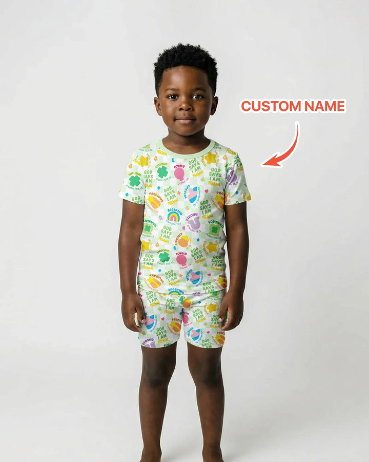God Says I Am St. Patrick’s Day Custom Name Family Matching Bamboo Two Piece Short Sleeve Shorts Pajama Set