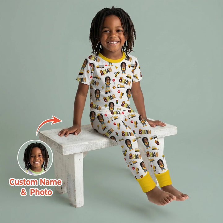 Custom Photo Doodle Little Builder Bamboo Two Piece Short Sleeve Pajama Set